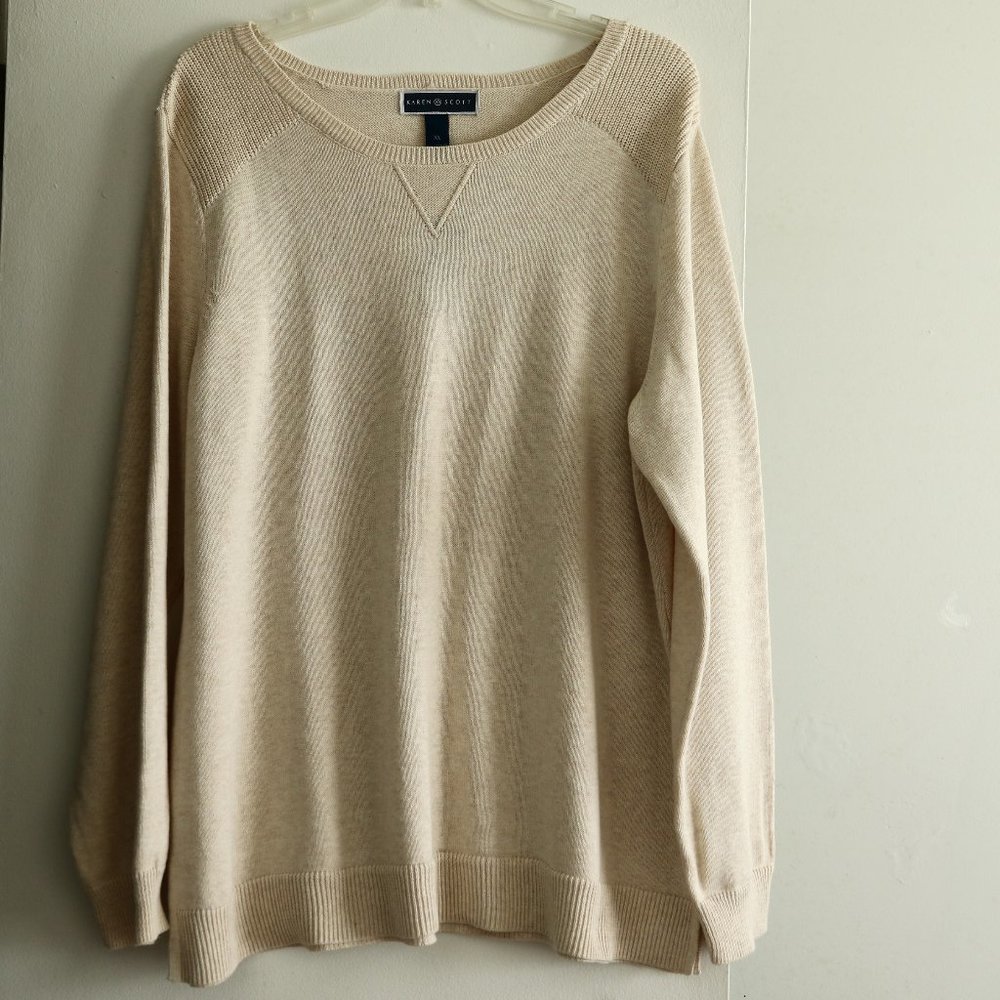 Karen Scott Sweater Pullover XL Beige 100% Cotton Long Sleeve New